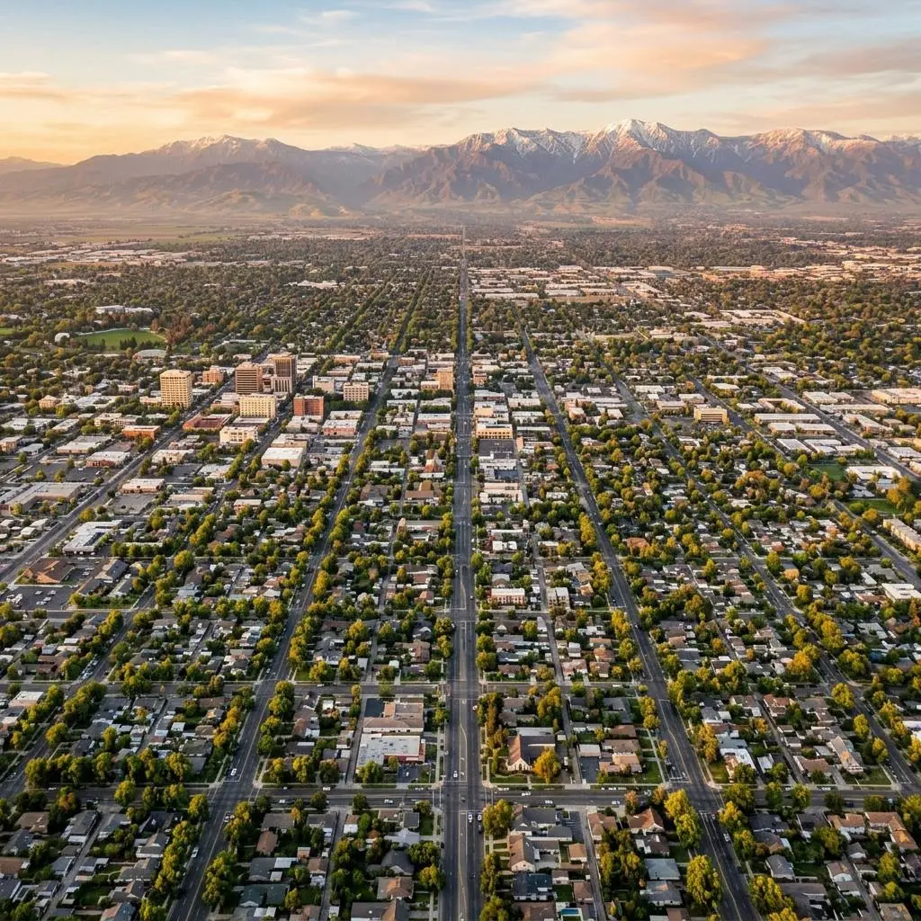 Aerial view of Fresno, California street grid at golden hour with the Sierra Nevada beyond
