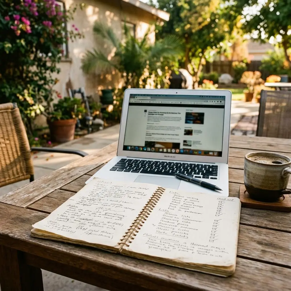 Notebook and laptop on a patio table