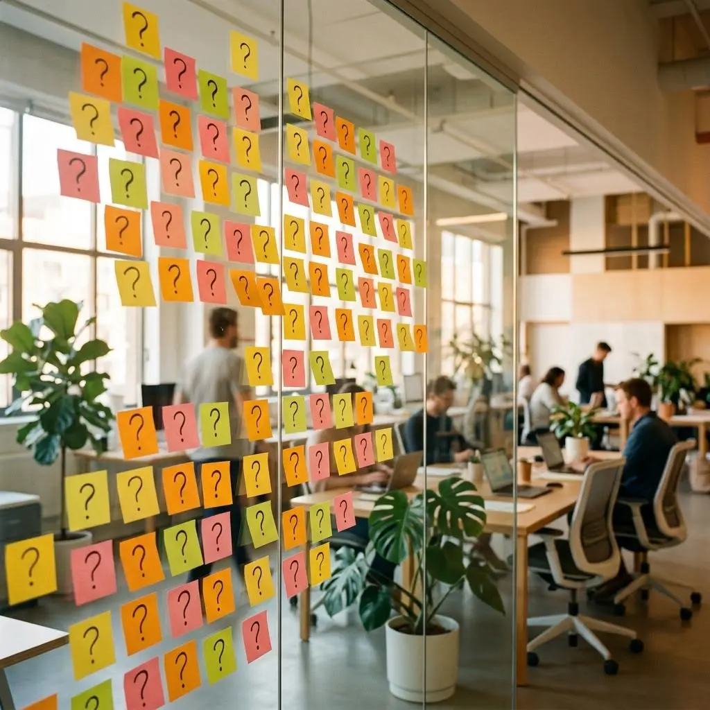 Notes arranged on a glass wall in a bright workspace