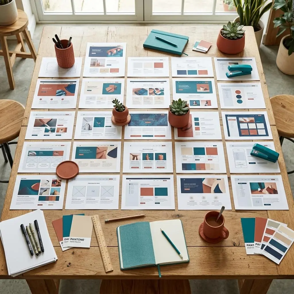 Printed website layouts spread across a sunlit studio table