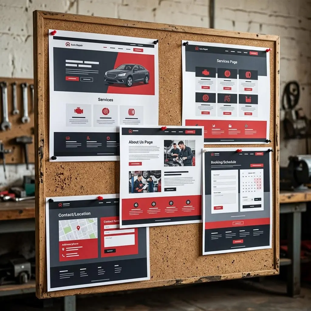 Printed auto repair website layouts pinned to a corkboard