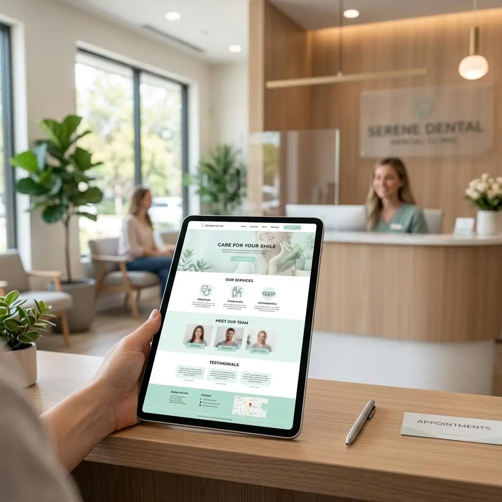 Tablet showing a dental clinic website concept in a reception area