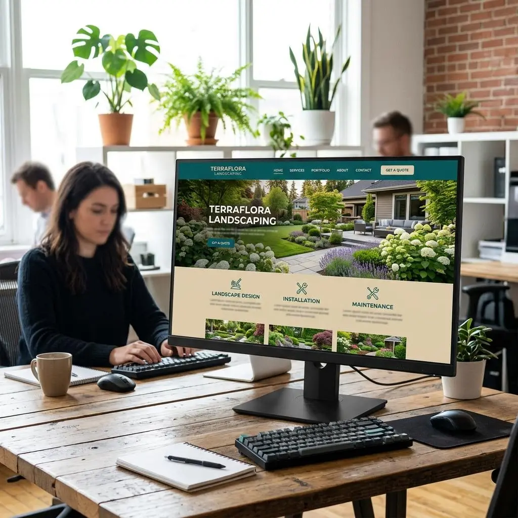 Desktop monitor showing a landscaping company website concept