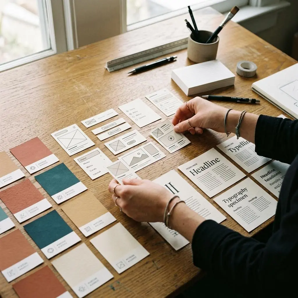 Designer arranging paper interface components, color swatches and type samples on a drafting table