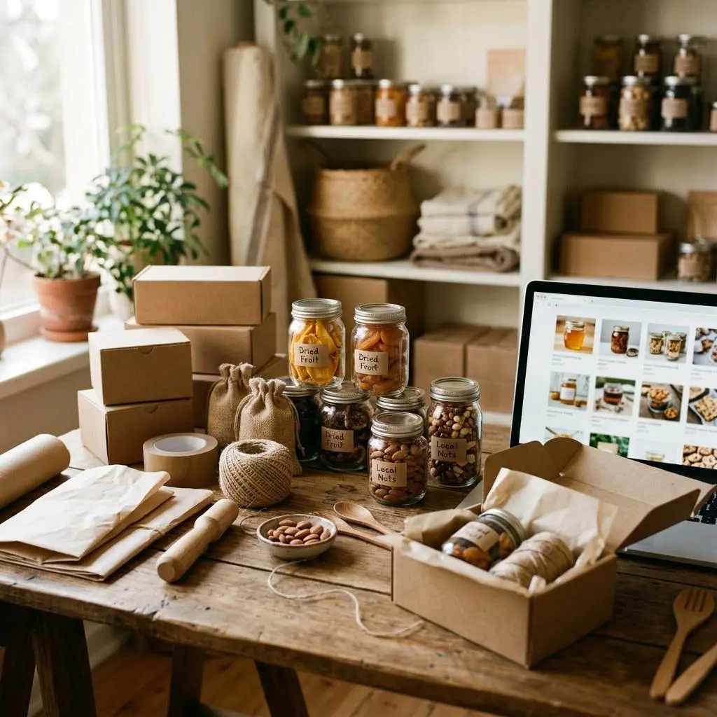 Packing table with kraft boxes, local dried fruit and almonds beside a laptop showing an online store