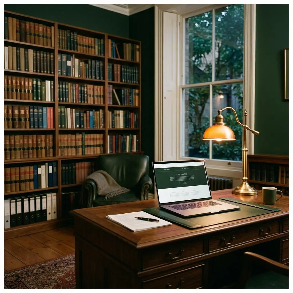 Quiet law office with bookshelves, brass lamp and a laptop showing a refined website