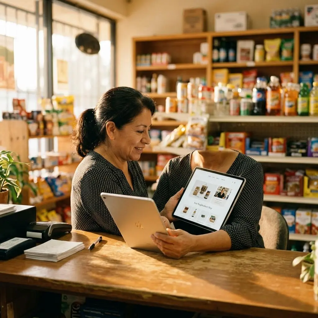 Fresno shop owner reviewing a small business website on a tablet at the counter